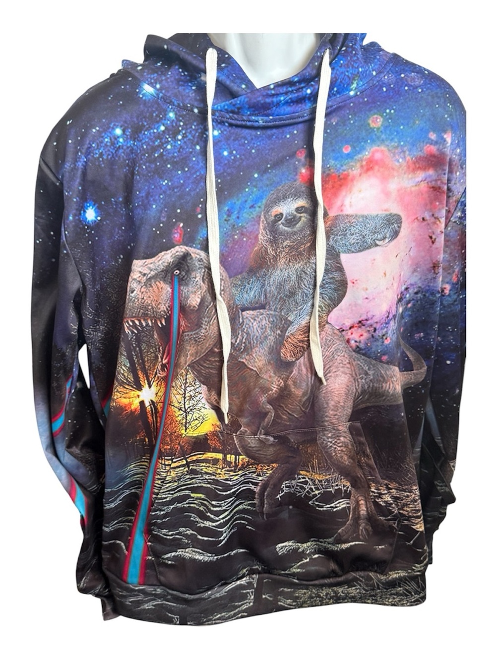 Men'sw Multicolor Galaxy Sloth & T-Rex Graphic Hoodie